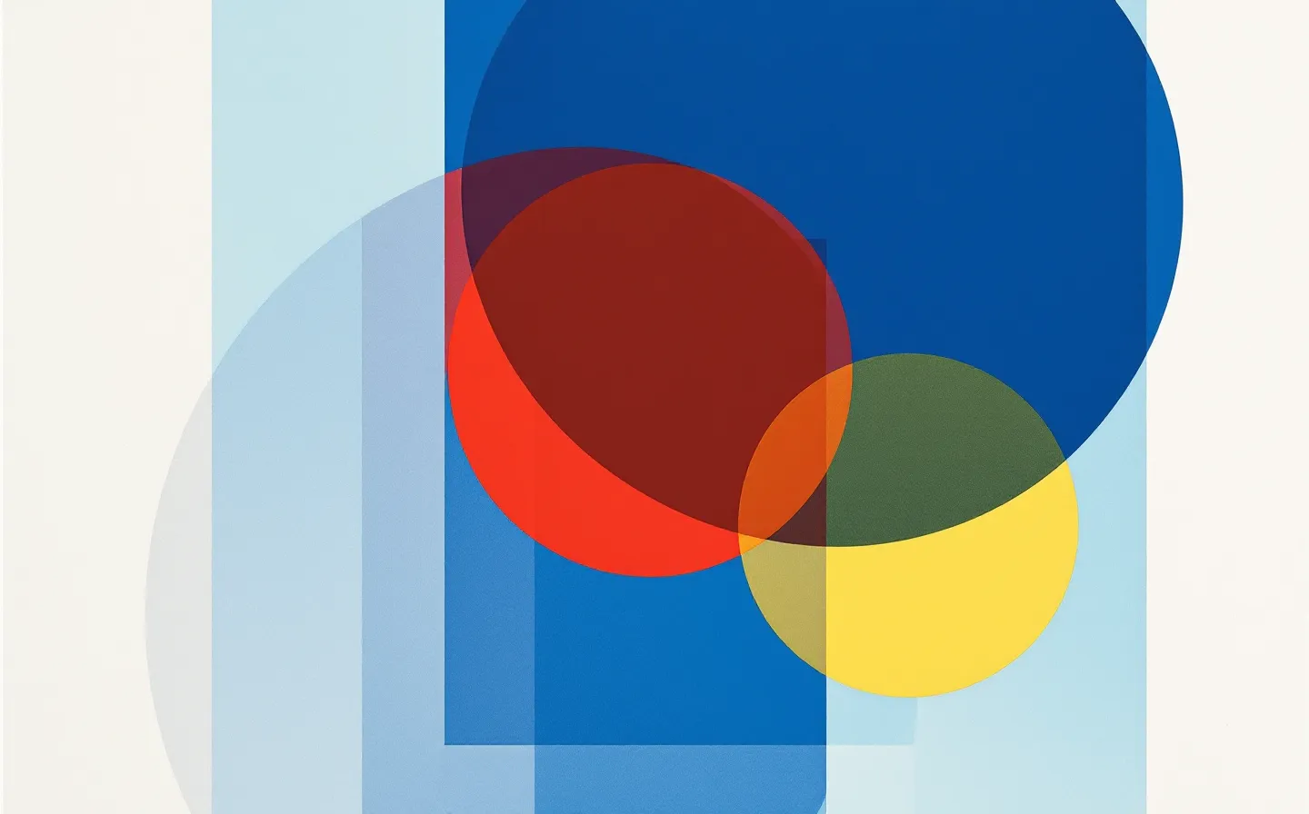 A flat Bauhaus risograph composition of geometric primitives in cobalt blue, red and marigold with translucent overlap-mixing — a small fragment region overlapping a larger parent-protein field beside concentric cardiac circles — on a cool paper ground