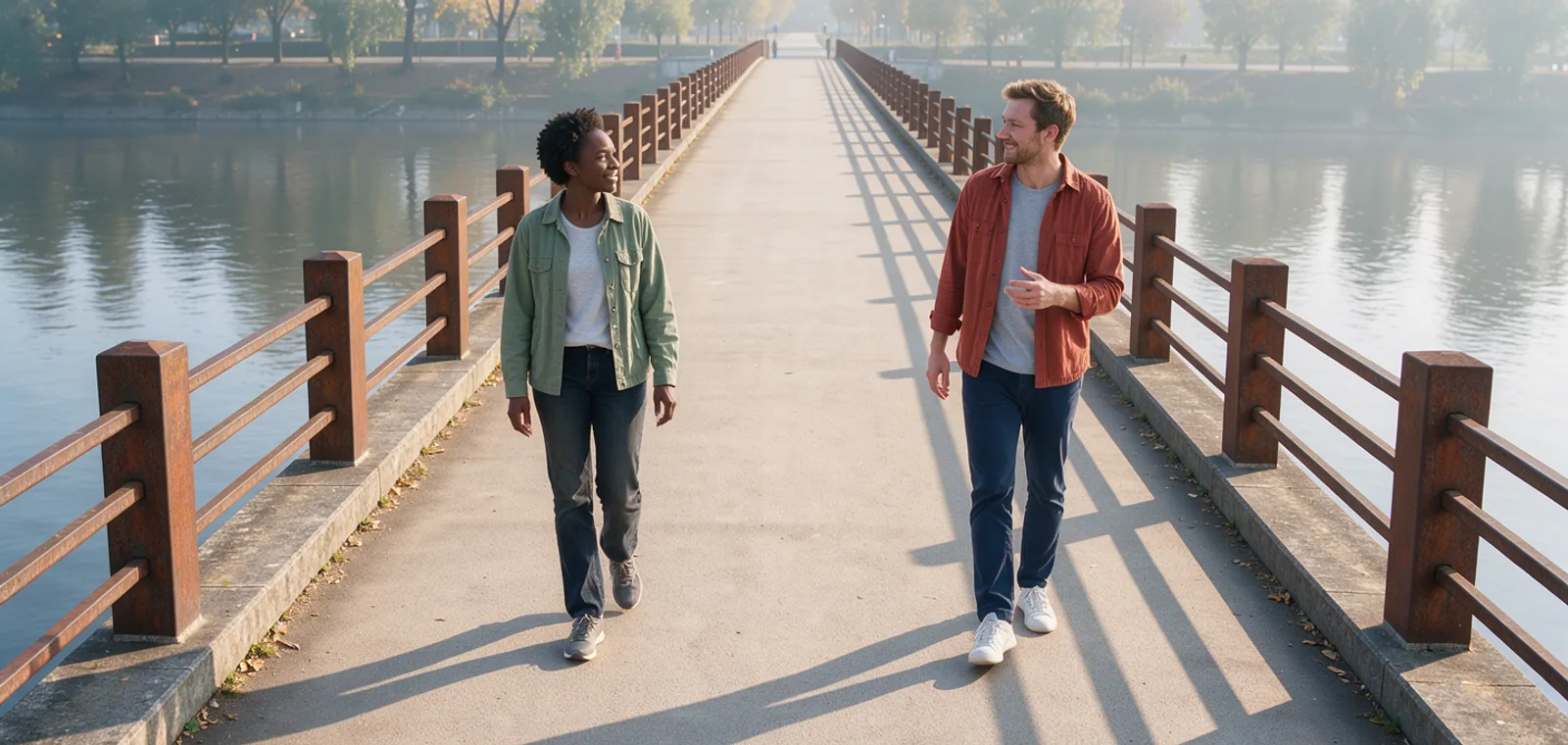 Two friends on opposite bridge edges, walking towards the same morning light with open space between them.